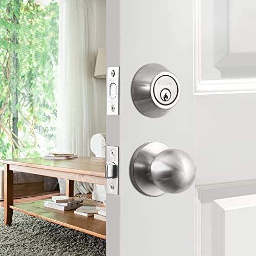 GUA OYH Vordertürschloss-Set Satin Nickel Eingang Türgriff-Sets mit Einzylinder-Riegel und Kugelknauf, robuster Vordertürgriff-Set Türgriffe für Haustür oder Bürotür, (SN_LocksetPS) von GUA OYH