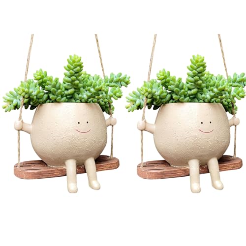 GUAHKUN Hängende Blumentöpfe mit Swing Face, Swinging Plant Pots, Langlebiger Pflanztopf für die Wand, Niedlicher Blumentopf mit Lächelgesicht und Schaukel für Haus und Garten (2 x A) von GUAHKUN