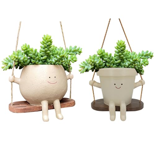 GUAHKUN Hängende Blumentöpfe mit Swing Face, Swinging Plant Pots, Langlebiger Pflanztopf für die Wand, Niedlicher Blumentopf mit Lächelgesicht und Schaukel für Haus und Garten (A+B) von GUAHKUN