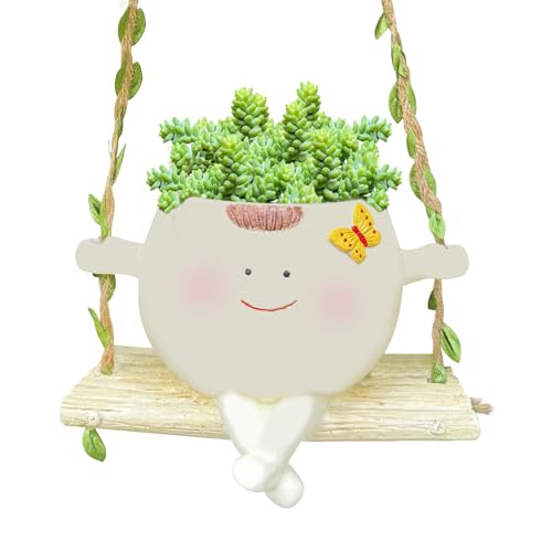 GUAHKUN Hängende Blumentöpfe mit Swing Face, Swinging Plant Pots, Langlebiger Pflanztopf für die Wand, Niedlicher Blumentopf mit Lächelgesicht und Schaukel für Haus und Garten (F) von GUAHKUN
