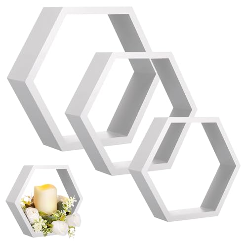GUAHKUN Hexagon Wandregal Aus Massivem Kiefernholz - Weiße Vintage-Optik - Wanddeko Regal Für Wohnzimmer Schlafzimmer Café Und Hotel - Robuste Metallhalterung (A) von GUAHKUN