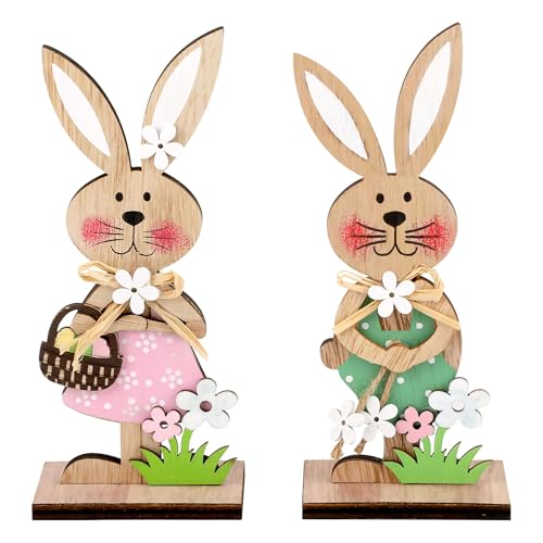 GUAHKUN Holz Osterhasen Figuren Groß Osterdeko Aufsteller - Wetterfeste Ostern Dekoration Für Tisch Garten Und Fensterdekoration Mit Stabiler Basis (B) von GUAHKUN