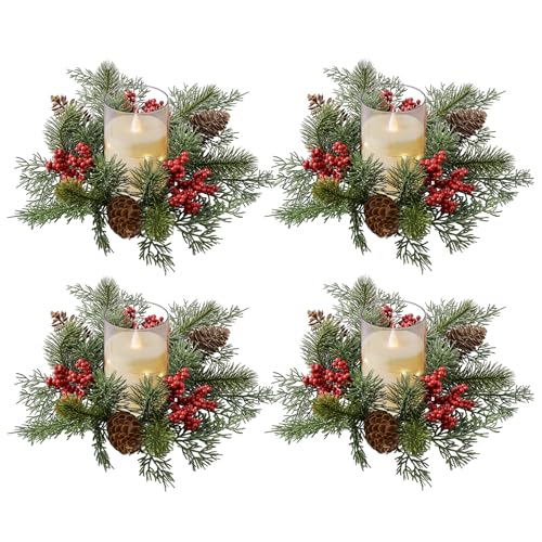 GUAHKUN Kerzenring Weihnachten, 4 Stück Kerzenring, Künstliche Rote Beeren Tannenzapfenkränze, Kerzenringe für Stabkerzen, Kerzenringe für Weihnachtsfeiertagsparty Hochzeitstischdekoration (A) von GUAHKUN