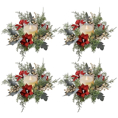 GUAHKUN Kerzenring Weihnachten, 4 Stück Kerzenring, Künstliche Rote Beeren Tannenzapfenkränze, Kerzenringe für Stabkerzen, Kerzenringe für Weihnachtsfeiertagsparty Hochzeitstischdekoration (C) von GUAHKUN