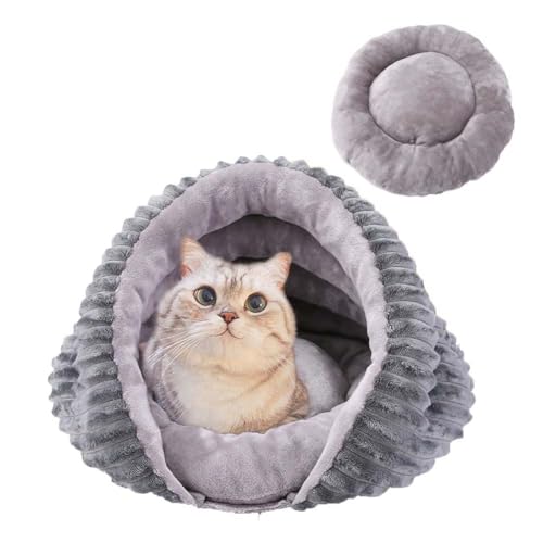 Katzenschlafsack, selbstwärmendes Plüsch-Winter-Haustierbett, 360°-Wickelhöhlennest für Indoor-Katzen/Welpen, Plüsch-Katzen-Schlafsack für Kaninchen, tragbar und waschbar (Grau (M-14x14x10)) von GUAKK