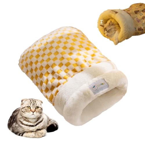Katzenschlafsack, selbstwärmendes Plüsch-Winter-Haustierbett, 360°-Wickelhöhlennest für Indoor-Katzen/Welpen, Plüsch-Katzenschlafsack für Kaninchen, tragbar und waschbar (Gelb(L-55,9 x 45,7 cm)) von GUAKK