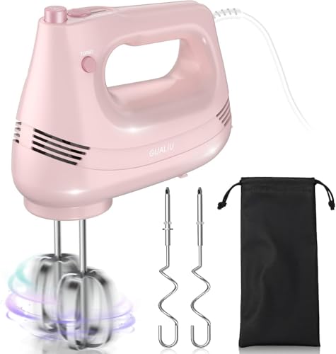 Elektrischer Handmixer mit Edelstahl Schneebesen, Knethaken, Elektrische Handrührer,Turbo Boost /5 Geschwindigkeit, Handrührgerät für Backen Kuchen, Eier Sahne Lebensmittel-Mixer (Rosa) von GUALIU