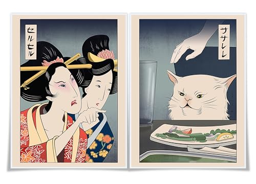 GUANKE Katzen-Meme-Poster, japanische Welle, Katzendruck, japanisches Meme, Vintage-Geisha-Schrei, Leinwand, ästhetisch, lustig, asiatischer Anime-Druck, orientalischer Stil, Küchenwanddekoration, von GUANKE