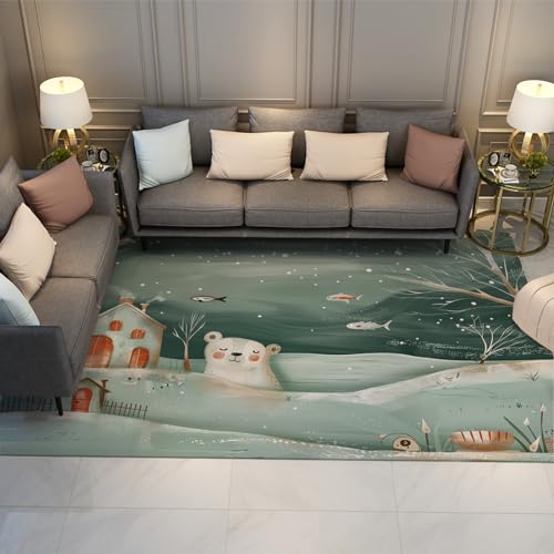 GUANMING Anime Teppich für Wohnzimmer Kinder Schlafzimmer Küche Dekor Verschneite Landschaft Niedliche Eisbären und Fische Rutschfester niederfloriger Gästezimmerteppich 60x100cm von GUANMING