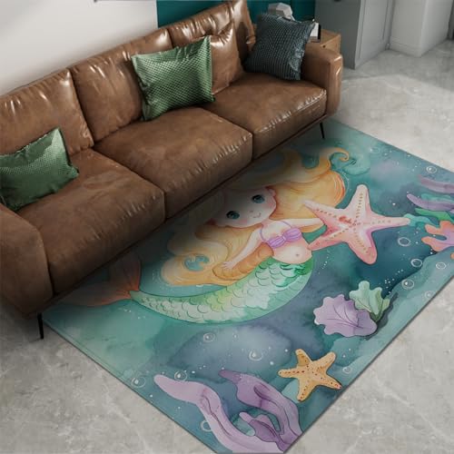 GUANMING Niedliche Anime-Teppiche für Kinder Schlafzimmer Wohnkultur Goldhaarige Meerjungfrauen Wasserpflanzen und Seesterne Rutschfester dünner Teppich am Bett 60x100cm von GUANMING