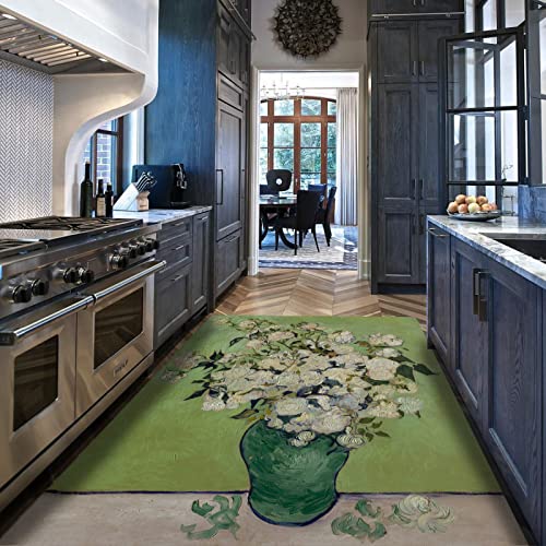 GUANMING Vincent Van Gogh Stil Großer Teppich für Wohnzimmer Schlafzimmer Küche Wohnkultur Eine Vase mit Rosen Niedriger Flor Rutschfester dünner Teppich für den Innenbereich 60x150cm von GUANMING