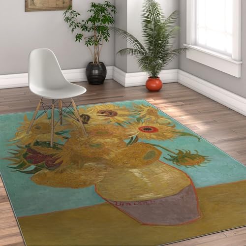 GUANMING Vincent Van Gogh Stil Teppich für Wohnzimmer Schlafzimmer Küche Dekor Stillleben Vase mit zwölf Sonnenblumen Niedrigfloriger Rutschfester Teppich 60x150cm von GUANMING