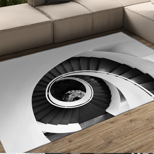 GUANMING Weißer und schwarzer Teppich für Wohnzimmer Schlafzimmer Wohnkultur visuelle Fotografie Bilder von kreisförmigen Wendeltreppen rutschfestem Büroteppich 120x180cm von GUANMING