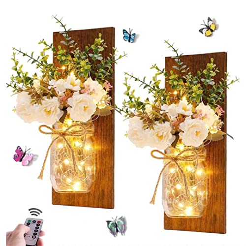 GUANSHAN 1PC Einmachglas Wandleuchten, LED-Streifenleuchten mit künstlicher Blume und Holzplatte Rustikale Wandleuchten Hängelaterne für Schlafzimmer, Garten, Wanddekoration von GUANSHAN