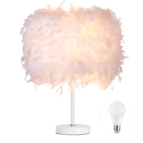2 Stück Weiße Feder Tischlampe Nachttischlampe Feder Nachttisch Lampenschirm Tischbeleuchtung Dekoratives Tischlicht Nachtlicht für Wohnzimmer, Schlafzimmer, Wohnkultur, L von GUANSHAN