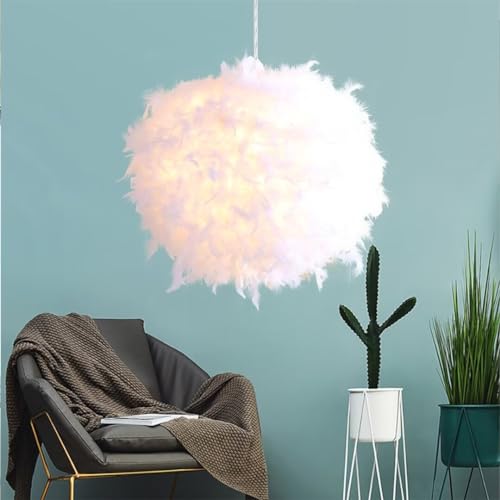 45CM/17,8" Sphärische weiße Feder-Pendelleuchte, Feder-Lampenschirm, Deckenleuchte, Feder-Kronleuchter für Wohnzimmer, Schlafzimmer, Esszimmer von GUANSHAN