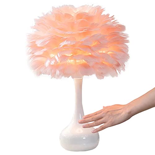 GUANSHAN Elegante weiße Federtischlampe Nachttischlampe mit Touch-Schalter Federtischleuchte Schreibtisch Federlampenschirm für Schlafzimmer, Heimtextilien, Rosa von GUANSHAN