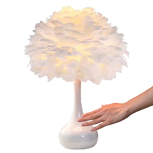 Elegante weiße Federtischlampe Nachttischlampe mit Touch-Schalter Federtischleuchte Schreibtisch Federlampenschirm für Schlafzimmer, Heimtextilien, Weiß von GUANSHAN