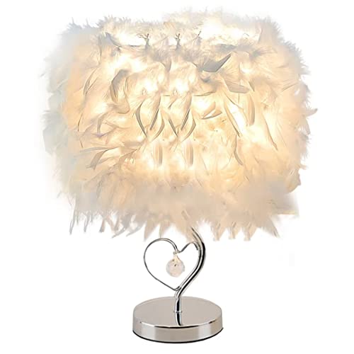 GUANSHAN Feder-Nachttischlampe Nachttisch-Lampenschirm Moderne Feder-Tischleuchte Schreibtisch-Lampenschirm mit Kristall im Herzen & mentaler Basis für Wohnzimmer, Schlafzimmer, L von GUANSHAN