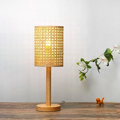 GUANSHAN Handgefertigte Rattan-Tischlampe, Nachtlicht, Wabi-Sabi-Stil, Rattan-Nachttischlampe mit Holzsockel, Tischleuchte, dekorative Tischbeleuchtung für Schlafzimmer, Wohnzimmer, Stil 2 von GUANSHAN