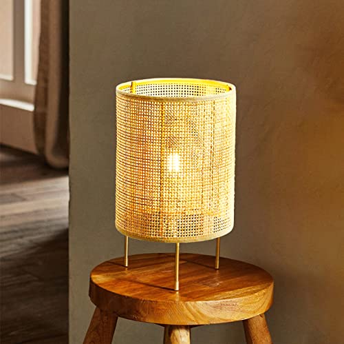 GUANSHAN Handgefertigte Rattan-Tischlampe, Nachtlicht, elegante und einfache Rattan-Nachttischlampe mit goldenen Stativständern, Tischleuchte, dekorative Tischbeleuchtung für Schlafzimmer, Wohnzimmer von GUANSHAN