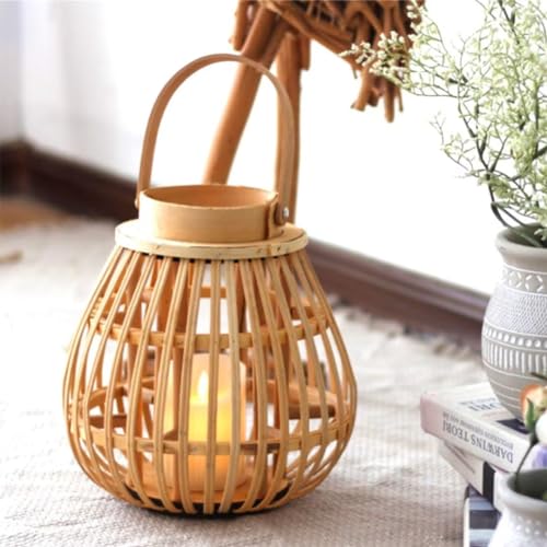 GUANSHAN Handgewebte Bambus Kerzenhalter Laterne Pastoral Stil Exquisite Tischlampe Tischbeleuchtung Dekorative Weben Handwerk Laterne Licht Für Wohnzimmer,Hof von GUANSHAN