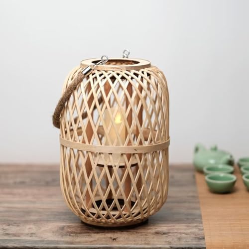 GUANSHAN Handgewebte Rattan Laterne Licht Ländlicher Stil Kerzenständer Lampe Dekorative elektronische Kerze Lampe Kreative tragbare Tischlampe Für Wohnzimmer, Schlafzimmer von GUANSHAN