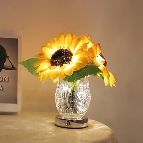 GUANSHAN Sonnenblumen Vase Tischlicht Schönes ästhetisches Glas Nachttischlicht LED kleines Nachtlicht Blume dekoratives Geschenk für Schlafzimmer, Wohnzimmer von GUANSHAN