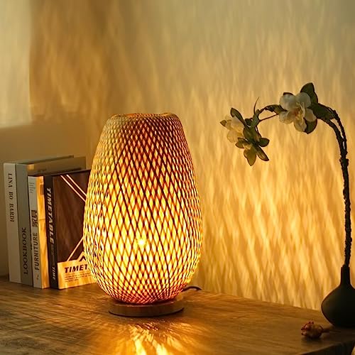 GUANSHAN Tischlampe aus Bambusgewebe, Bambus-Lampenschirm, Tischbeleuchtung, dekorative Tischbeleuchtung, Nachtlicht für Schlafzimmer, Wohnzimmer, Druckknopfschalter, Stil 2 von GUANSHAN