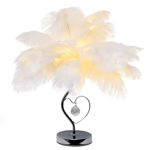 GUANSHAN Weiße Feder-Tischlampe mit Sternenbeleuchtung, romantische Tischlampe mit Federlampenschirm, dekorative Nachttischbeleuchtung, Nachtlicht für Schlafzimmer, Wohnzimmer von GUANSHAN