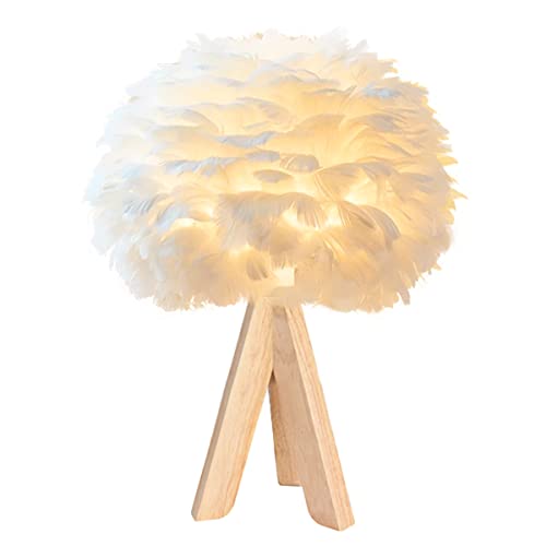 Weiße Feder Tischlampe Nachttischlampe mit Holzständer Licht Luxus Feder dekorative Lampe Nachtlicht Feder Lampenschirm Licht für Schlafzimmer, Wohnzimmer von GUANSHAN