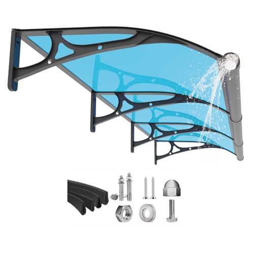 Fenster-Tür Markise Vordach,UV-Regen-Schneeschutz Terrassenmarkise,Polycarbonatplatte Türen Abdeckung,Wasserdicht Eingangsüberdachung Vordach (Schwarze Halterung/Blaue Platte, 0.8 x 3M) von GUANSU-CN