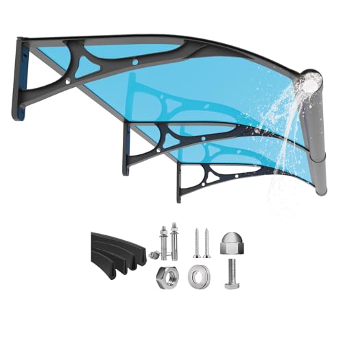 Fenster-Tür Markise Vordach,UV-Regen-Schneeschutz Terrassenmarkise,Polycarbonatplatte Türen Abdeckung,Wasserdicht Eingangsüberdachung Vordach (Schwarze Halterung/Blaue Platte, 1 x 1.5M) von GUANSU-CN