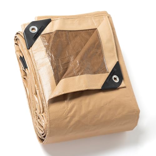GUARD SHIELD Abdeckplane mit Ösen Wasserdicht 5m x 6m Beige/Khaki Multifunktionale Polyester-Plane 120g/㎡ Gewebeplane Schutzplane Allzweckplane, Reißfest, UV-stabilisiert von GUARD SHIELD