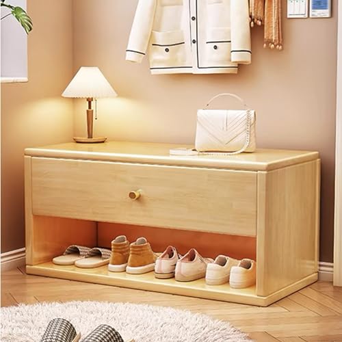 GUAWJRZDP Schuhbank Aus Holz, Schuhregalbank, Sitzbank Schuhregal, mit Schublade, Multifunktions-Schuhregal, for Schlafzimmer, Bettende, Wohnzimmer, Eingangsbereich(Color:Wood Color,Size:39.4in) von GUAWJRZDP