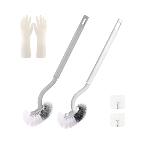 2er Set Toilettenbürste,Klobürste mit randreiniger,Langer Stiel klobürste gebogen,WC-Bürste mit Tiefenreinigung Toter Ecken,Kunststoff-Toilettenbürstenset mit Handschuhen（grau/weiß） von GUCOLUBU