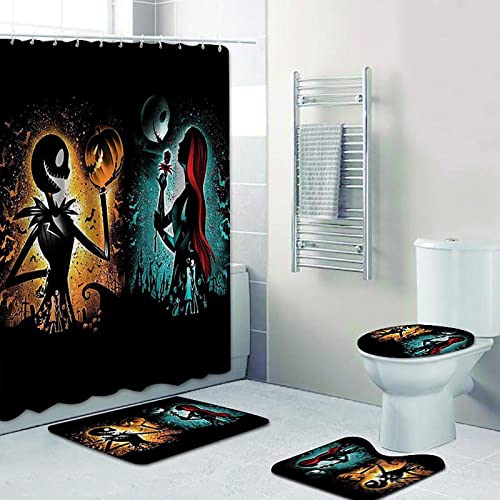 GUDAGUU Nightmare Before Christmas Vorhänge, Badezimmer-Set, 4-teiliges Halloween-Skelett, Jack Skellington und Sally, Baddekor-Set, inklusive Duschvorhang, WC-Sitzbezug, Haken (schwarz) von GUDAGUU