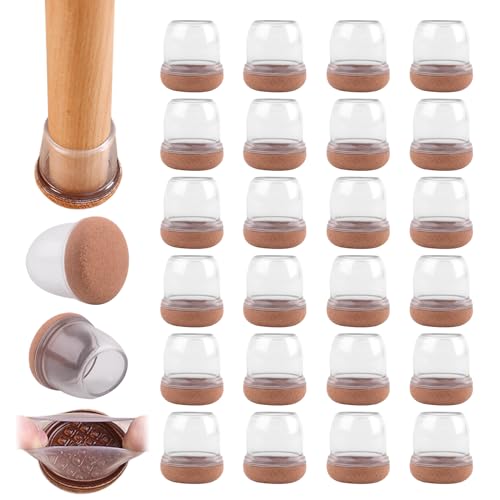 24 Stück Stuhlbeinkappen Schutzkappen für Stuhlbeine Transparent Silikon Stuhlbeinschoner mit Filzpolstern für Hartholzböden, für Rund und Eckig Stuhlbeine Mittelgroß (fit 19-25mm) von GUDECIUS