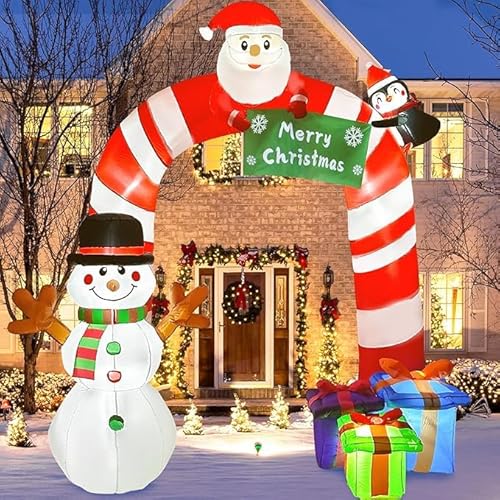 GUDELAK 244 cm Weihnachtsbogen Aufblasbare Weihnachtsdeko Außen, Weihnachtsmann und Schneemann Aufblasbar mit LED Leuchten, Weihnachtsdeko Aufblasbar mit Geschenke Weihnachten für Hof Rasen Garten von GUDELAK