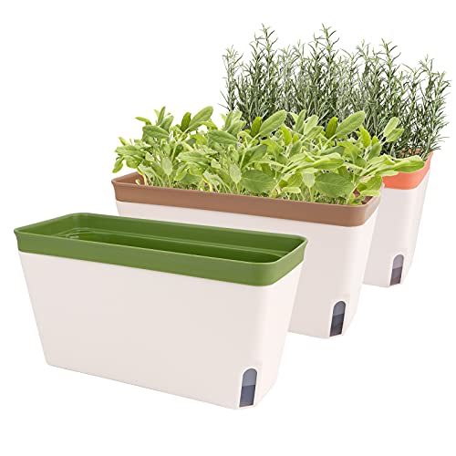 GUDELAK Fensterbank Kräuter Pflanzkasten Indoor 3er Set, 10.5 Zoll Selbstbewässernder Übertopf Töpfe mit Visueller Wasserstandsanzeige, Gemüse, Sukkulenten Pflanzen von GUDELAK