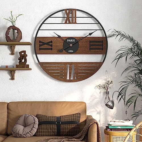 GUDEMAY 50,8 cm große rustikale Holz-Metall-Wanduhr – übergroße Vintage-Bauernhaus-Uhr für Heimdekoration – leise, nicht tickende, batteriebetriebene Uhr für Wohnzimmer, Küche, Schlafzimmer, Büro, von GUDEMAY