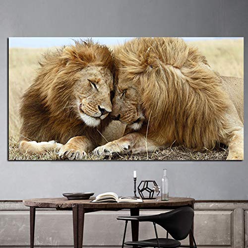 GUDOJK wandmalereien Brüderliche Liebe Zwei Männliche Löwen Leinwand Malerei Wild Animal Poster Drucke Wandkunst Bilder Für Wohnzimmer-70x100cm von GUDOJK