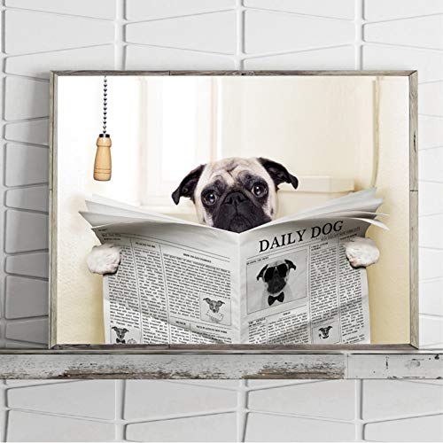 GUDOJK wandmalereien Mops Hund Auf Toilette und Lesen Magazin Eine Pause Lustige Leinwand Poster Bad Wc Wandkunst Dekor Leinwand Malerei-60x80 cm von GUDOJK