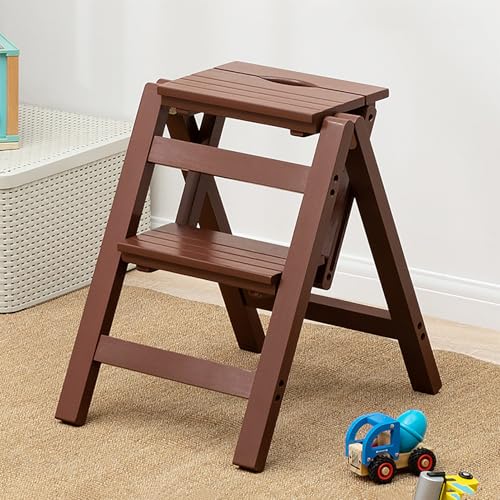 GUEIFD 2/3/4-stufenhocker Aus Holz, Faltbarer Leiterstuhl mit Breiter Anti-rutsch-lauffläche, Gartenwerkzeugleiter, Multifunktionaler Hockerstuhl für Küche, Bad, Bücherregal(2 Layer, Brown) von GUEIFD