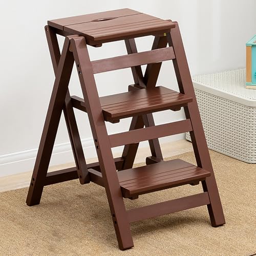 GUEIFD 2/3/4-stufenhocker Aus Holz, Faltbarer Leiterstuhl mit Breiter Anti-rutsch-lauffläche, Gartenwerkzeugleiter, Multifunktionaler Hockerstuhl für Küche, Bad, Bücherregal(3 Layer, Brown) von GUEIFD