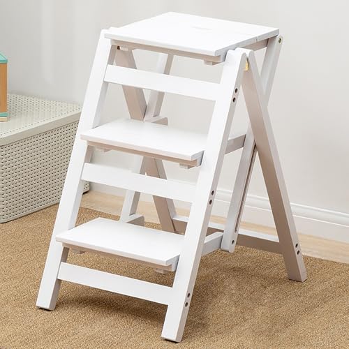 GUEIFD 2/3/4-stufenhocker Aus Holz, Faltbarer Leiterstuhl mit Breiter Anti-rutsch-lauffläche, Gartenwerkzeugleiter, Multifunktionaler Hockerstuhl für Küche, Bad, Bücherregal(3 Layer, White) von GUEIFD