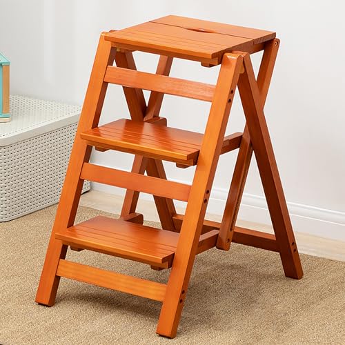 GUEIFD 2/3/4-stufenhocker Aus Holz, Faltbarer Leiterstuhl mit Breiter Anti-rutsch-lauffläche, Gartenwerkzeugleiter, Multifunktionaler Hockerstuhl für Küche, Bad, Bücherregal(3 Layer, Yellow) von GUEIFD