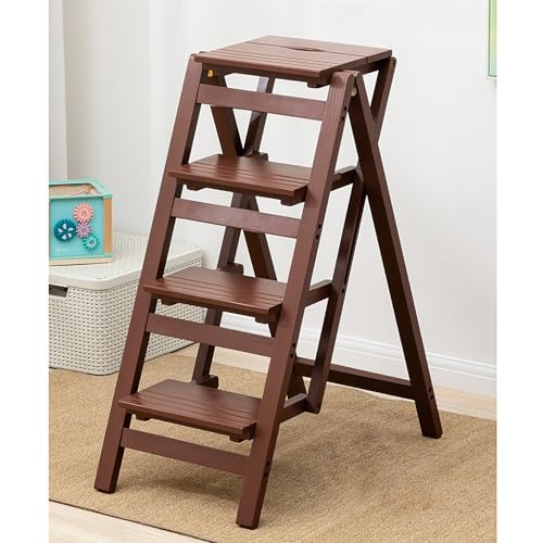 GUEIFD 2/3/4-stufenhocker Aus Holz, Faltbarer Leiterstuhl mit Breiter Anti-rutsch-lauffläche, Gartenwerkzeugleiter, Multifunktionaler Hockerstuhl für Küche, Bad, Bücherregal(4 Layer, Brown) von GUEIFD
