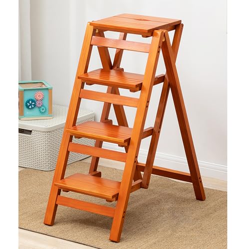 GUEIFD 2/3/4-stufenhocker Aus Holz, Faltbarer Leiterstuhl mit Breiter Anti-rutsch-lauffläche, Gartenwerkzeugleiter, Multifunktionaler Hockerstuhl für Küche, Bad, Bücherregal(4 Layer, Yellow) von GUEIFD