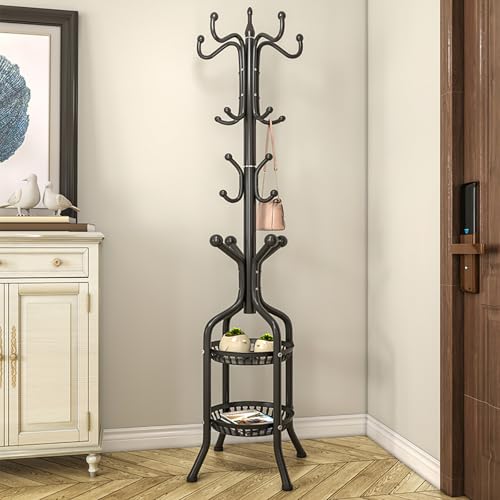 GUEIFD Garderobenständer Aus Metall, Freistehender Garderobenständer mit Zwei Ablagen, Bodenstehender Kleiderbügel Zum Aufhängen Von Kleidung, Hüten Und Anderen Gegenständen(185cm/72.8inch, Black) von GUEIFD